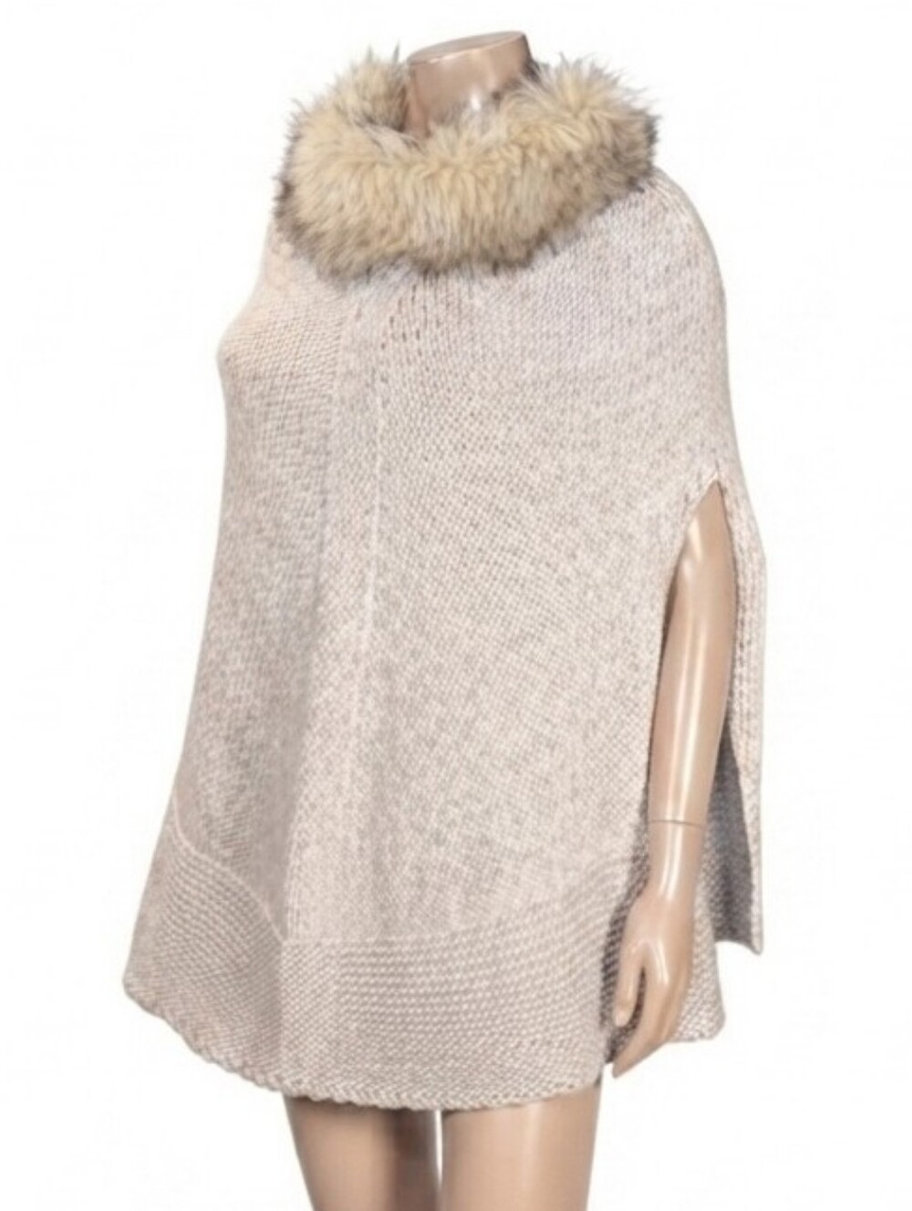 Gelso Bianco Italy Faux Fur Collared Knit Poncho Cape Womens One Size Tan Cream